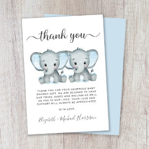 Carte De Remerciements Baby shower des Jumeaux Eléphant
