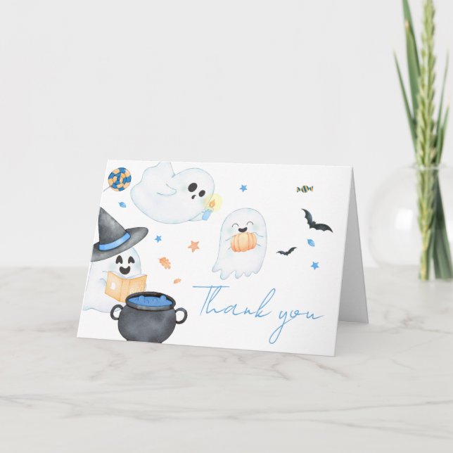 Carte De Remerciements Baby shower d'Halloween Little Boo Bleu (Devant)