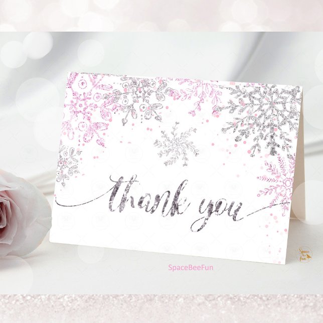 Carte De Remerciements Baby shower d'hiver Fille de flocon de neige (Snowflake thank you card, winter baby shower thank you, girl baby shower card, snowflake theme card,)