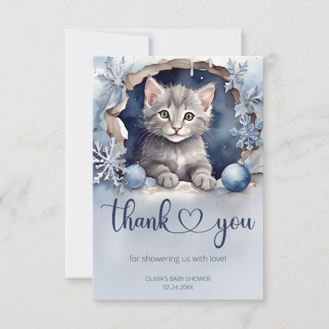 Carte De Remerciements Baby shower d'hiver petite chatte aquarelle (Devant)