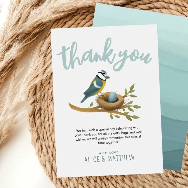 Carte De Remerciements Baby shower d'oiseaux d'aquarelle bleu mignon (Créateur téléchargé)