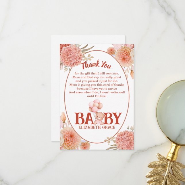 Carte De Remerciements Baby shower d'ours blanc et rose (Devant/Arrière en situation)
