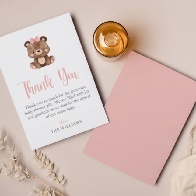 Carte De Remerciements Baby shower d'ours en bois rose (Créateur téléchargé)