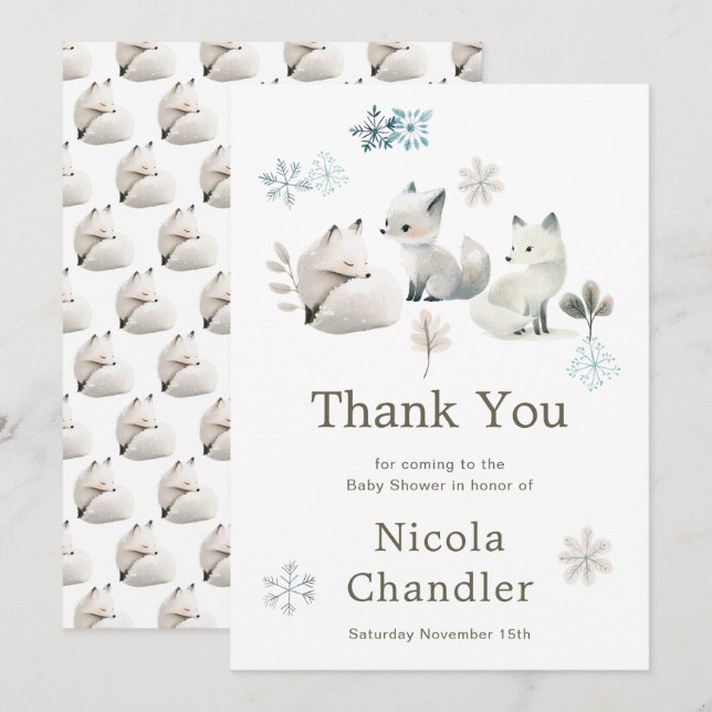 Carte De Remerciements Baby shower du loup arctique d'hiver (Devant / Derrière)