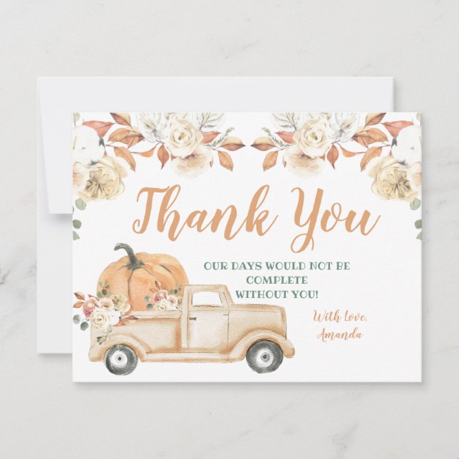 Carte De Remerciements Baby shower écologique de camion rustique Citrouil (Devant)