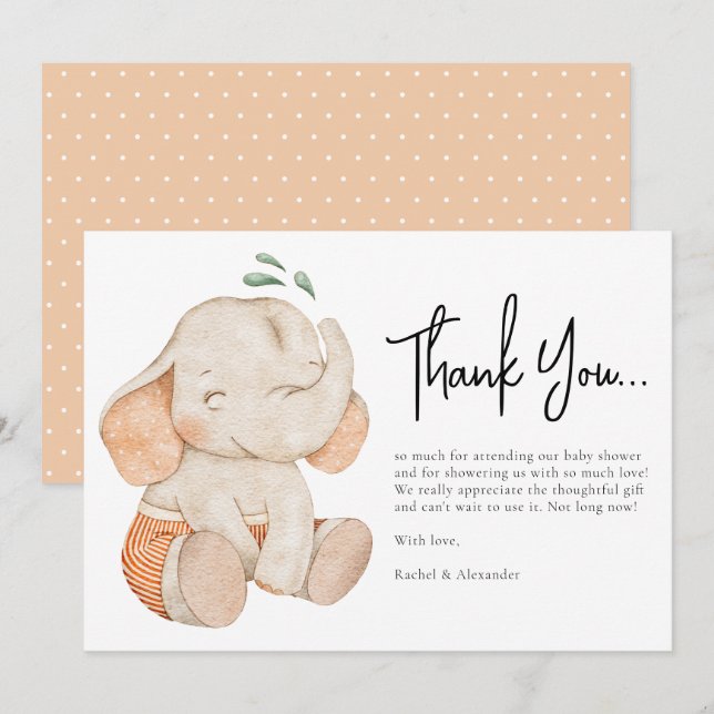 Carte de remerciements Baby shower Elephant aquare (Devant / Derrière)