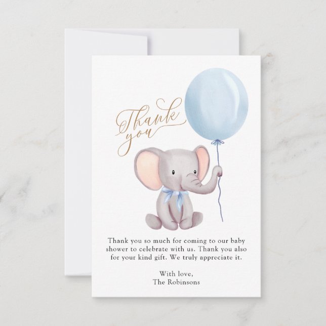 Carte De Remerciements Baby shower Eléphant Bleu Garçon Cute (Devant)