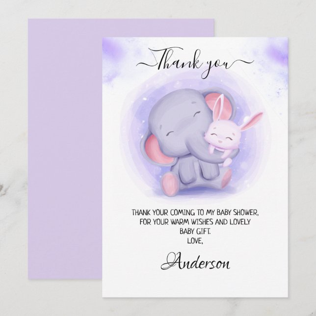 Carte De Remerciements Baby shower Eléphant et lapin de fille (Devant / Derrière)