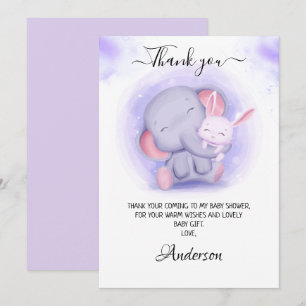 Carte De Remerciements Baby shower Eléphant et lapin de fille