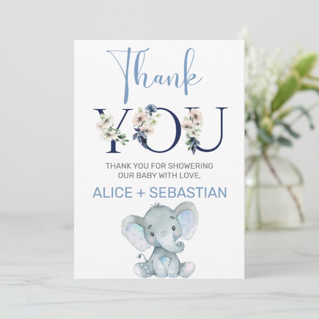 Carte de remerciements baby shower éléphant garçon (Debout devant)