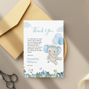 Carte De Remerciements Baby Shower Éléphant Mignon Ballon Bleu Floral