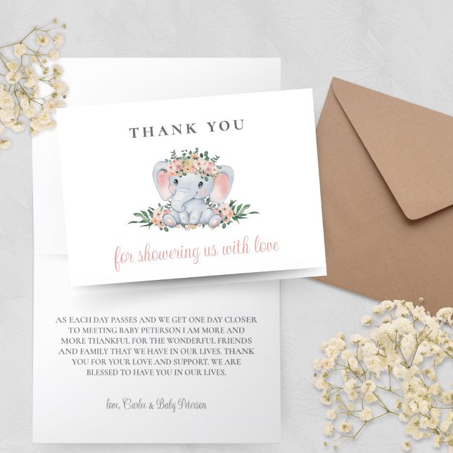 Carte de remerciements Baby shower Eléphant rose m (Simple Minimal Blush Pink Elephant Baby Shower Thank You Cards)