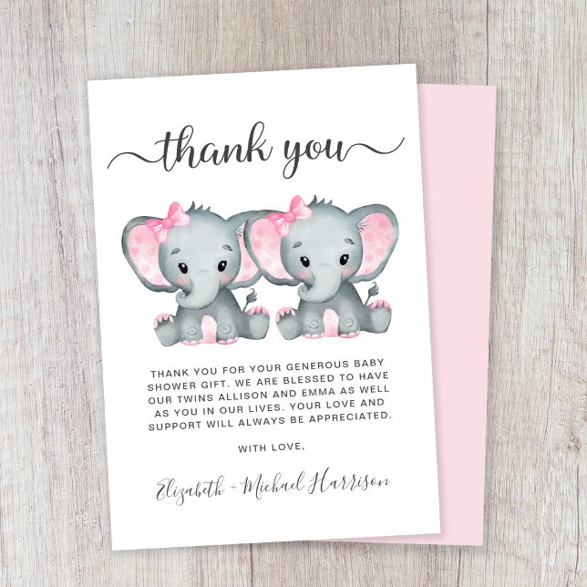 Carte De Remerciements Baby shower Eléphant Twin Girls (Créateur téléchargé)