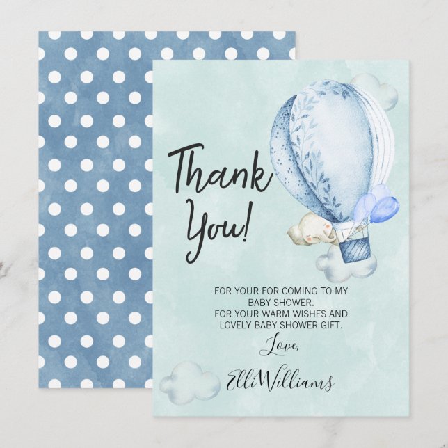 Carte de remerciements Baby shower éléphant vers l (Devant / Derrière)
