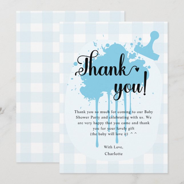 Carte De Remerciements Baby shower En vichy bleu Cute Pastel (Devant / Derrière)