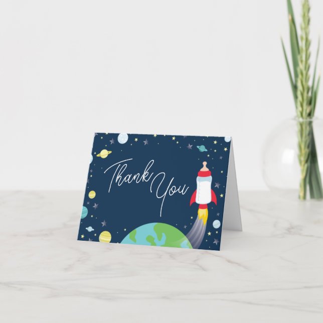 Carte De Remerciements Baby shower Espace Extérieur Bouteille Fusée Navir (Devant)