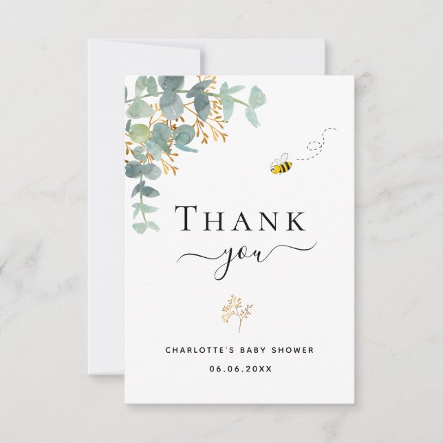 Carte De Remerciements Baby shower eucalyptus verdure élégante abeille mi (Devant)