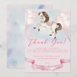 Carte De Remerciements Baby shower Fairytale Pony Stars Pink Balloons