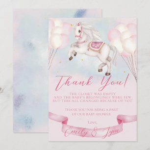 Carte De Remerciements Baby shower Fairytale Pony Stars Pink Balloons