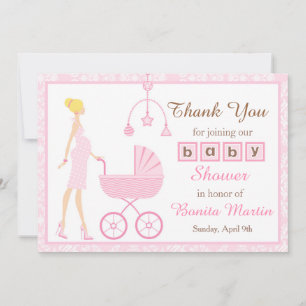Carte De Remerciements Baby Shower Femme Blonde Damassé Rose