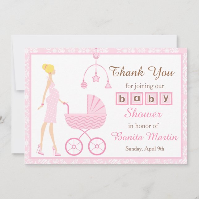 Carte De Remerciements Baby shower femme rose Damask Blonde (Devant)