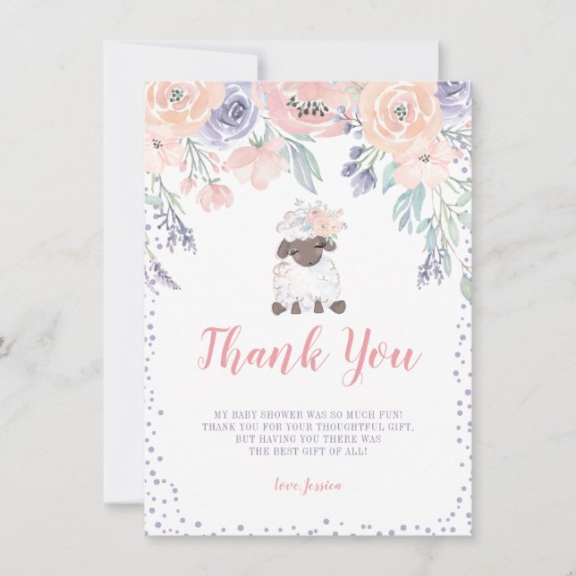 Carte De Remerciements Baby shower Fille agneau rose violet (Devant)