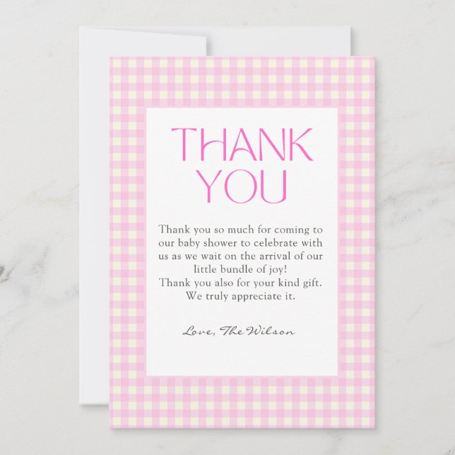 Carte De Remerciements Baby Shower Fille au Gingham Rose Classique (Devant)