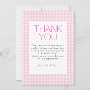 Carte De Remerciements Baby Shower Fille au Gingham Rose Classique