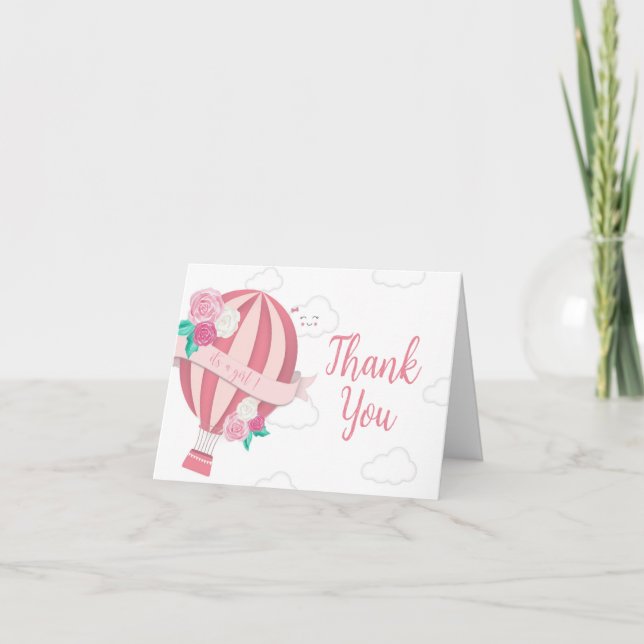 Carte De Remerciements Baby shower Fille Balloon Rose Hot Air (Devant)
