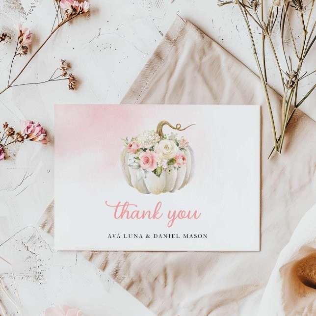 Carte de remerciements Baby shower fille Citrouill (Elegant Fall Pumpkin Pink Flower Thank you card)