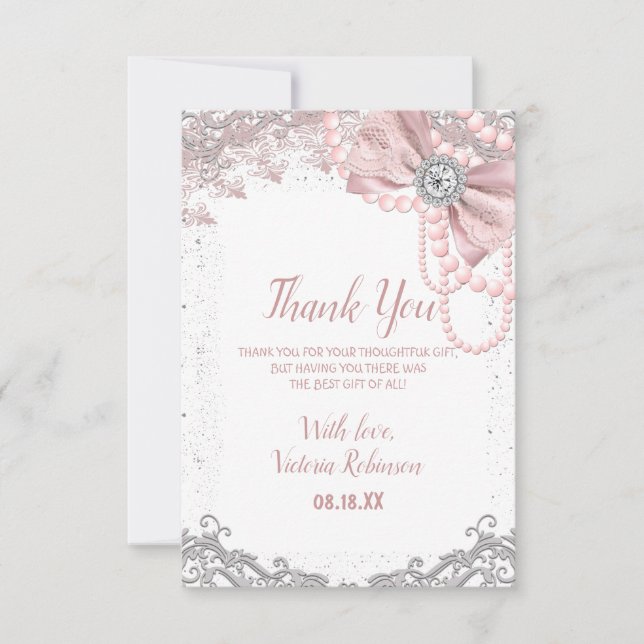 Carte De Remerciements Baby Shower Fille Élégant Rose Poudré Perle Diaman (Devant)
