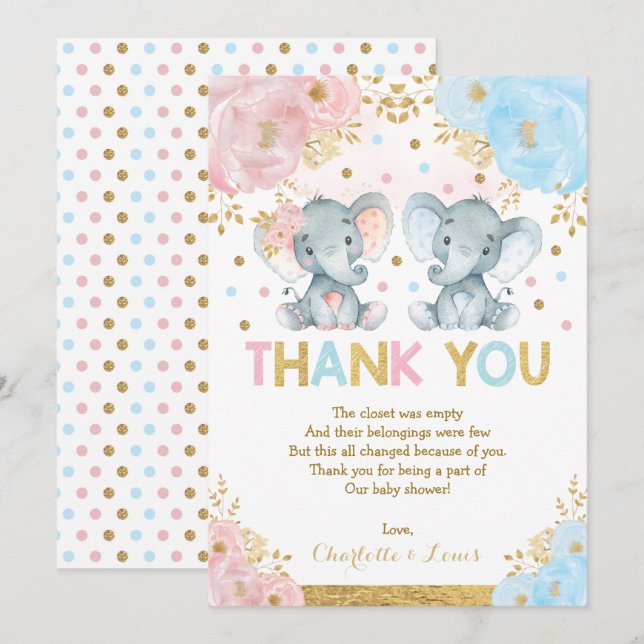 Carte De Remerciements Baby shower Fille Eléphant Fleur Rose Bleu (Devant / Derrière)