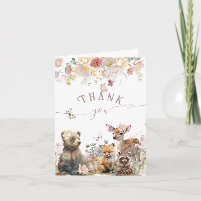 Carte De Remerciements Baby shower fille fleurie d'aquarelle d'animal de  (Devant)