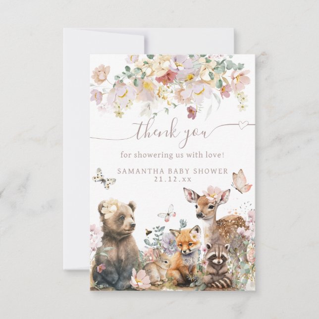 Carte De Remerciements Baby shower fille fleurie d'aquarelle d'animal de  (Devant)