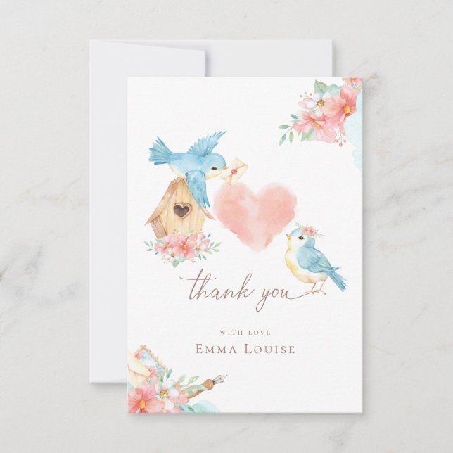 Carte De Remerciements Baby Shower Fille Petits Oiseaux Aquarelle (Devant)