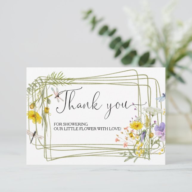 Carte de remerciements Baby shower fleur sauvage (Debout devant)