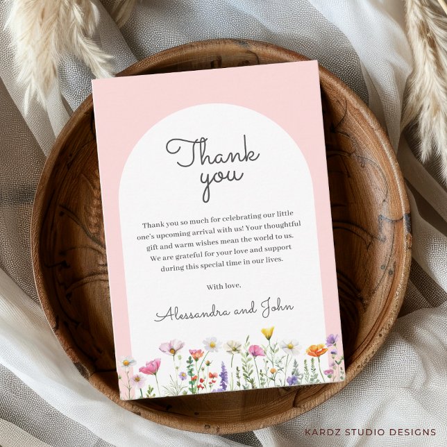 Carte de remerciements Baby shower fleur sauvage (Thank you card shown in 3.5 x 5 inches. Add your custom text and choose size, paper and corner style)
