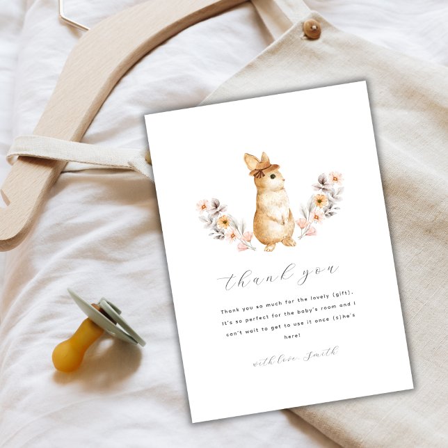 Carte De Remerciements Baby shower Fleur sauvage de lapin simple neutre p (Gender Neutral Simple Bunny Wildflower Baby Shower Thank You Card)