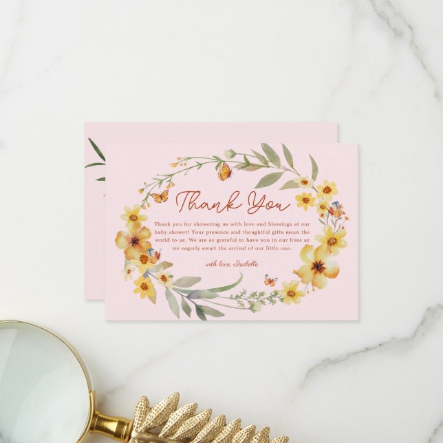 Carte De Remerciements Baby shower Fleur sauvage Wreath Boho (Devant/Arrière en situation)