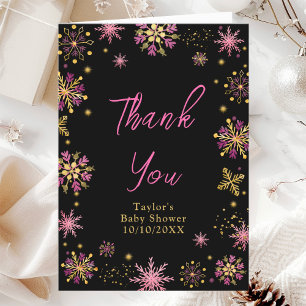 Carte De Remerciements Baby Shower Flocons de Neige Dorés et Roses