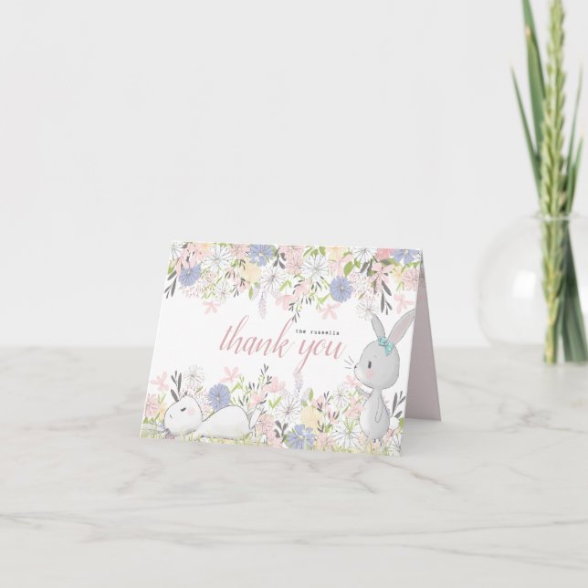 Carte De Remerciements baby shower floral bébé lapin (Devant)