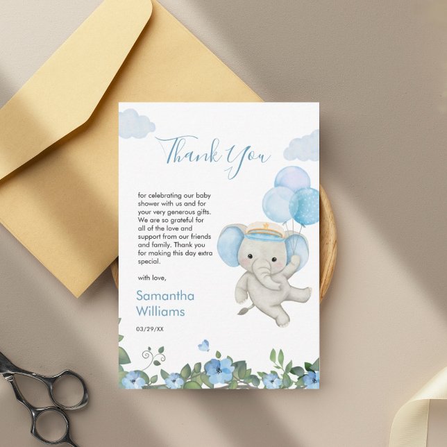 Carte De Remerciements Baby shower Floral bleu bleu Eléphant (Créateur téléchargé)