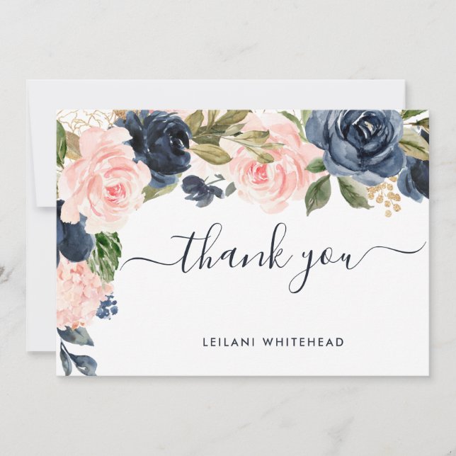 Carte De Remerciements Baby shower floral bleu marine rose (Devant)