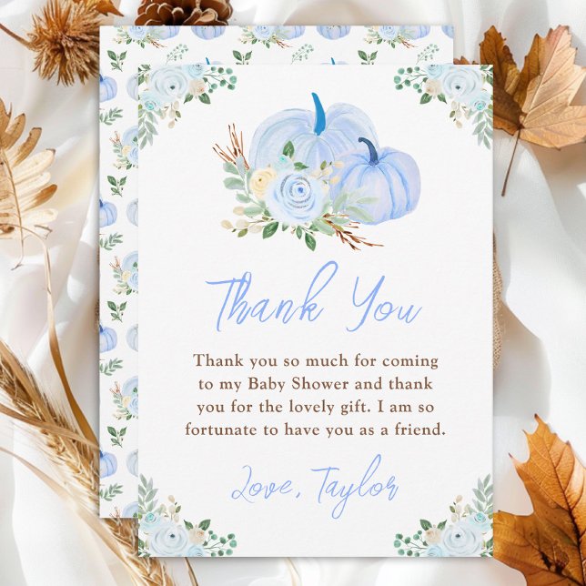 Carte De Remerciements Baby shower Floral Citrouille bleu (Créateur téléchargé)