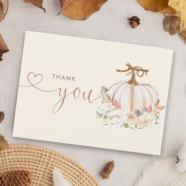 Carte De Remerciements Baby shower Floral Citrouille d'automne (Little pumpkin is on the way autumn themed baby shower thank you is perfect for your guests.)