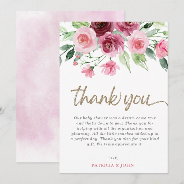 Carte De Remerciements Baby shower floral rose de Bourgogne moderne (Devant / Derrière)