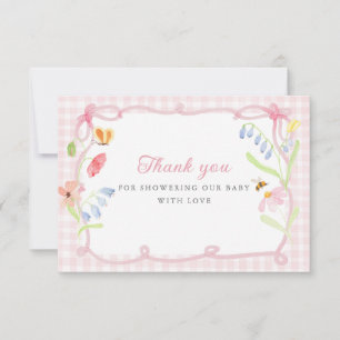 Carte De Remerciements Baby Shower Floral Rose Gingham de Printemps