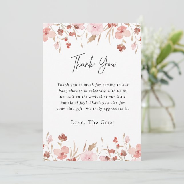 Carte De Remerciements Baby shower floral rose mou (Debout devant)