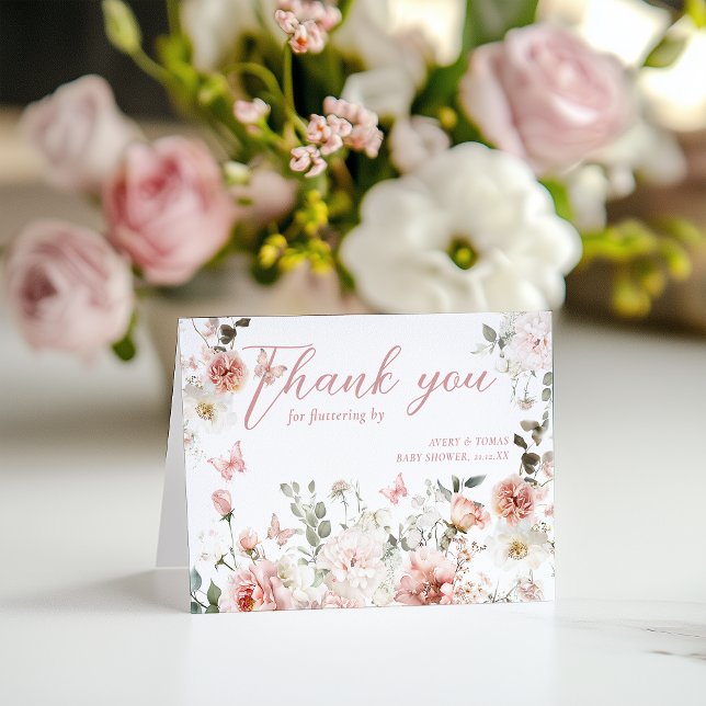 Carte De Remerciements Baby shower floral rose papillon flottant par (Créateur téléchargé)