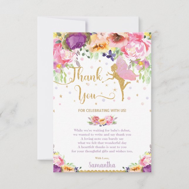 Carte De Remerciements Baby shower floral violet de Whimsal Fairy (Devant)